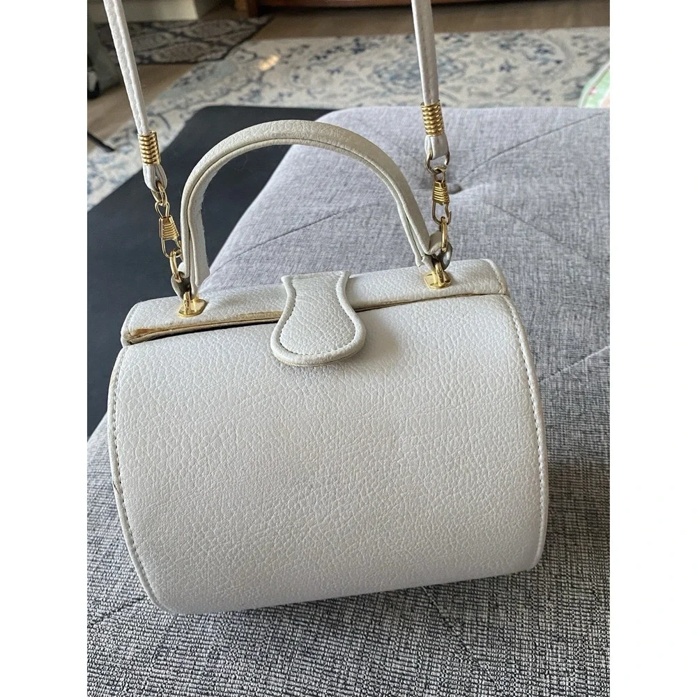 VTG White Textured Barrel Bag 80's Gold  Hardware Mini Satchel Top Handle